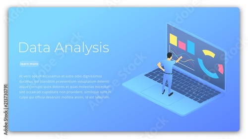 Data analysis. Isometric illustration of man analyzing and managing data. Data processing futuristic technology