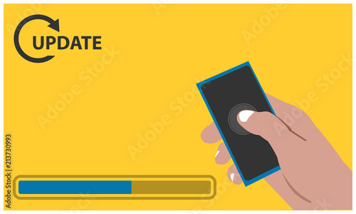 Update with hand held smartphone on the yellow background. Flat vector illustration.