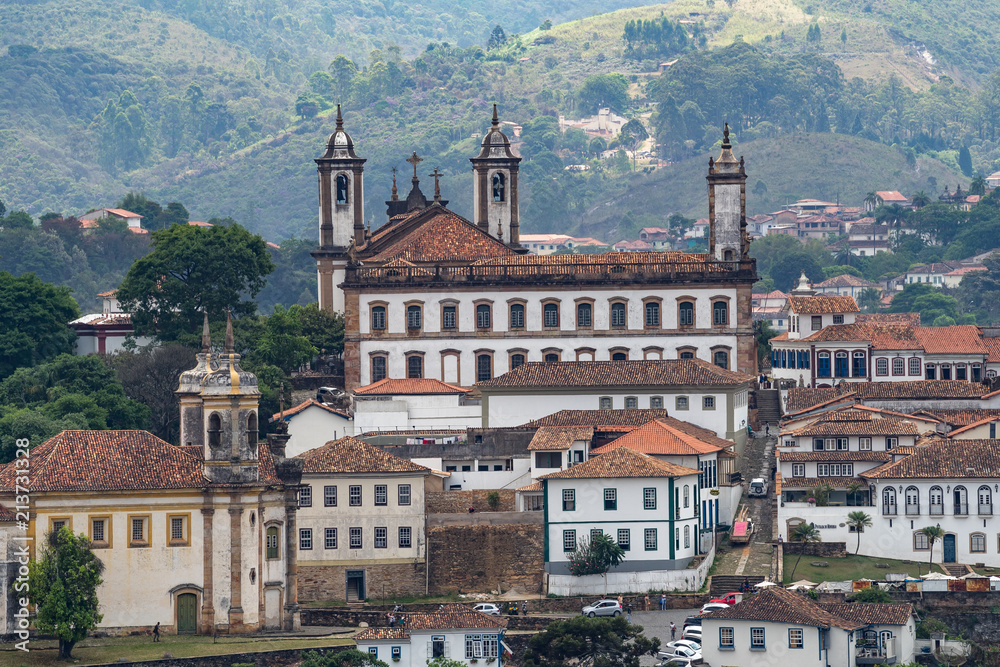 Old colonial city of Ouro Preto among the mountains in Minas Gerais, Brazil