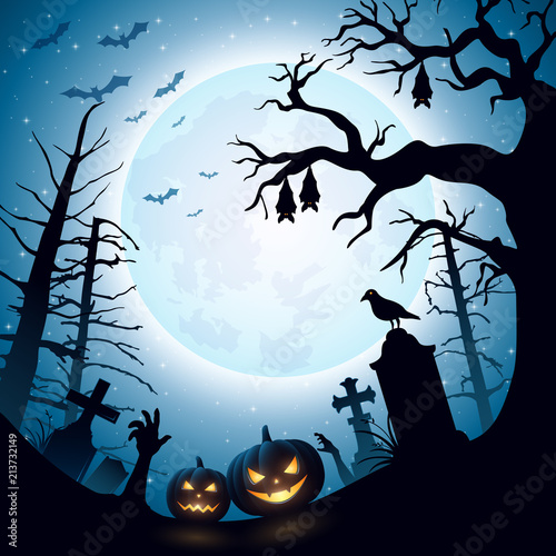 Halloween background with pumpkins and bats hanging on tree