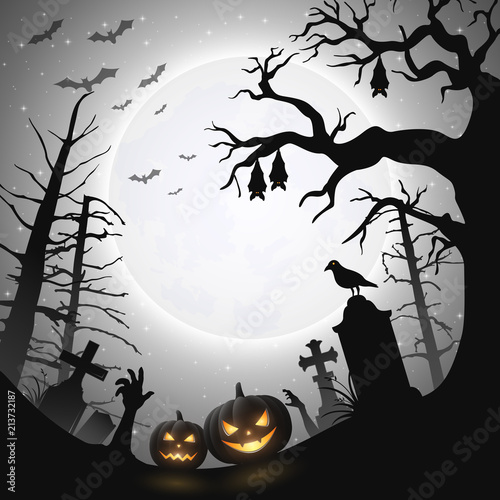 Halloween background with pumpkins and bats hanging on tree