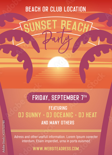 Sunset party template for beach event. Vector illustration design easily editable with your text. Beach illustration with palmtrees and the sunset at the sea. Nightlife and music in summer