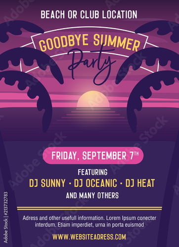 Goodbye summer Party vector template illustration design. Easily editable with your text. Poster, banners, flyers, covers to advertise your event. Summer, vacations, holidays, nightlife.