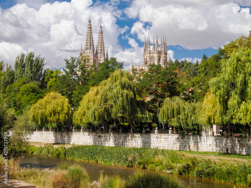 The spires of the Cathedral photographed from the promenade along the Arlanzón river - Burgos, Castile and Leon, Spain