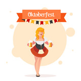 Oktoberfest girl, wearing a traditional dress, serving big beer mugs / Oktoberfest banner, vector cartoon illustration