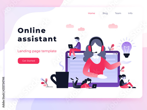 Concept customer and operator, online technical support 24-7 for web page. Vector landing page template female hotline operator advises client. Online assistant, virtual help service.