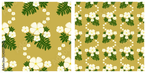 Seamless vector illustration background with plumeria flowers and leaves pattern.