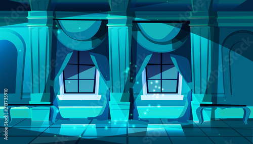 Vector dark castle ballroom with windows. Hall for dancing, presentation or royal reception. Big room with benches at night, columns and windows in luxury medieval palace. Game background