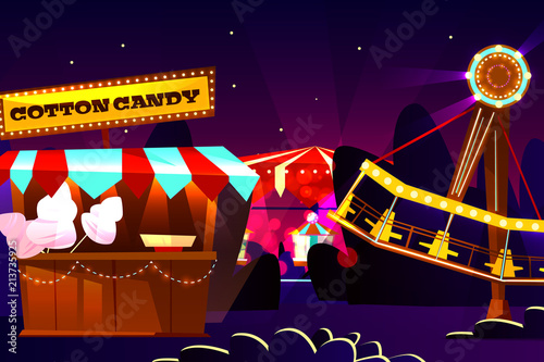 Funfair or fairground cartoon vector illustration of amusement park at evening. Merry-go-round carousel and observation wheel rides, cotton candy sweets vendor booth on cartoon flat background