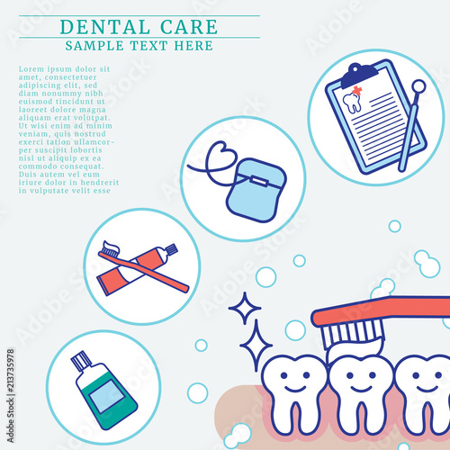 Teeth care concept with copy space, brushing teeth and dentist tool in outline cartoon style