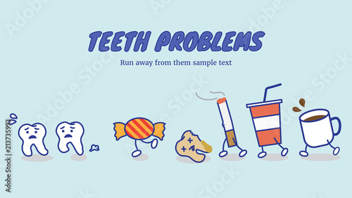 Teeth run away from bad food and drink, avoid damage for teeth, stay healthy teeth concept in outline cartoon