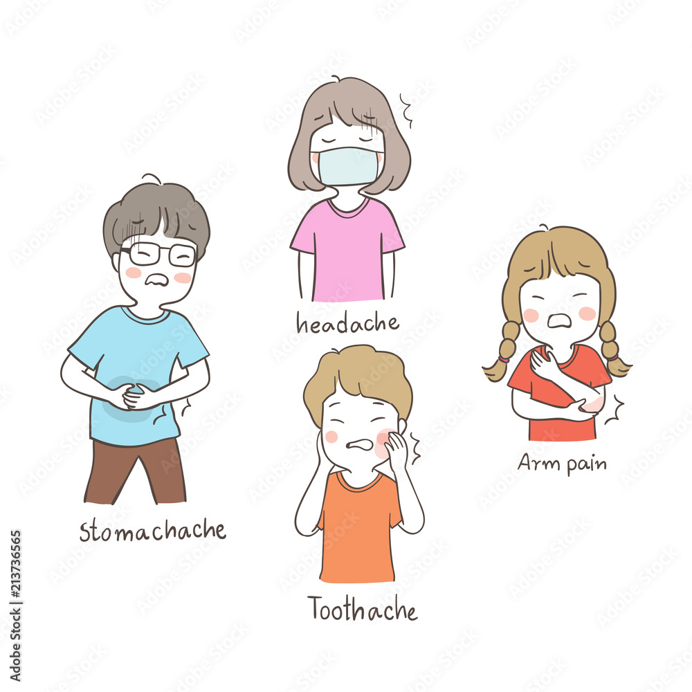Draw various pain of kids,boy and girl,headache,arm pain,stomachache