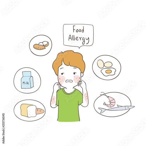 Draw infographic a boy and food allergy