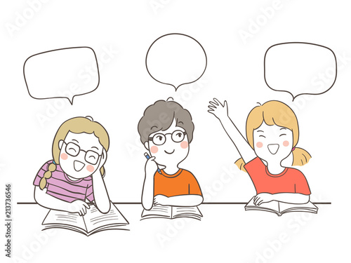 Draw happy students speaking and speech bubble