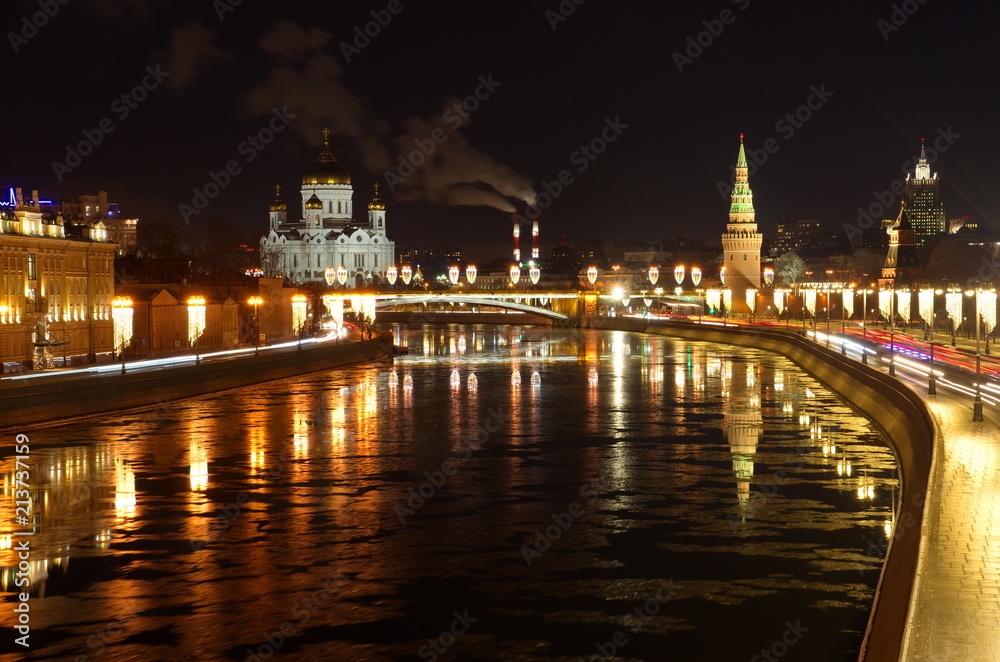 Night view of the Moscow-river, Cathedral of Christ the Saviour and the Big Stone bridge, Moscow, Russia