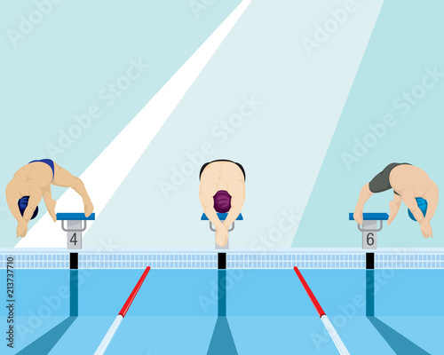 Swimmers jumping off the starting block in swimming pool