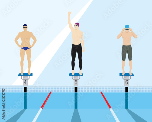 Swimmers standing on starting block in a swimming pool
