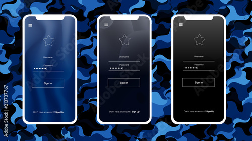 Dark BLUE vector ui ux kit with mobile gadget.
