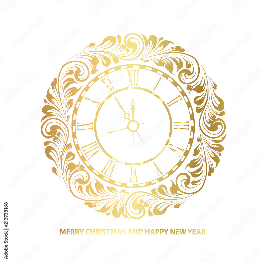 New Year white background with golden clock. Old clock with roman numbers. Vintage clock over white. Vector illustration.