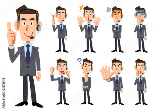 ヘッドセットを装着した男性オペレーターの9種類の表情と仕草_全身