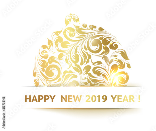 Christmas ball with curves over white background. The sign happy new year 2019 at the bottom. Vector illustration.