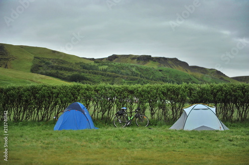 Tent camp at the foot of the Icelandic waterfall Skogafoss