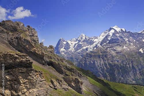 Summer in the Swiss Alps, Murren area, overlooking the Eiger, Monch, Jungfrau and Birg summits.