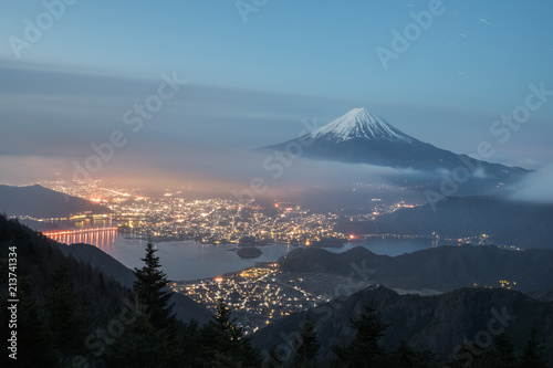  Mountain Fuji with cloud and Kawaguchiko lake in early morning seen from Shindo toge view point.