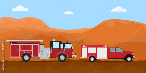 firefighter truck fire extinguisher on the road convoy with mountain desert dry as background vector graphic illustration