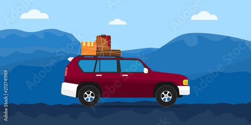 truck house moving on the road with blue mountain as background vector graphic illustration