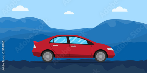 a car on road with blue mountain as background vector illustration