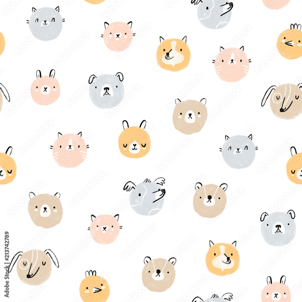 Cute animal faces seamless pattern