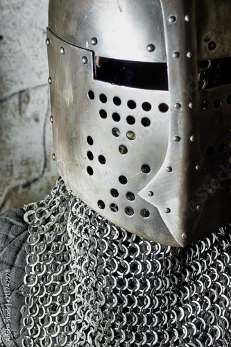 metal knight's helmet and chain mail