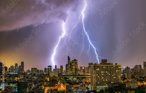 Thunderstorm in Bangkok city downtown at summer evening