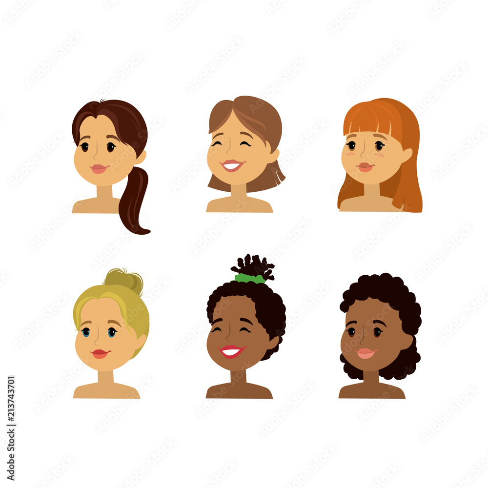 Caucasian and african american woman faces,set of different beauty characters Caucasian and african american woman faces,set of different beauty characters