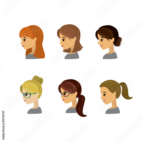 Set of Cartoon caucasian female profile avatars