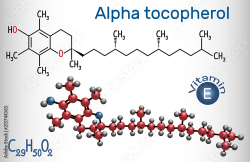 Alpha tocopherol ( vitamin E) molecule. Structural chemical formula and molecule model.