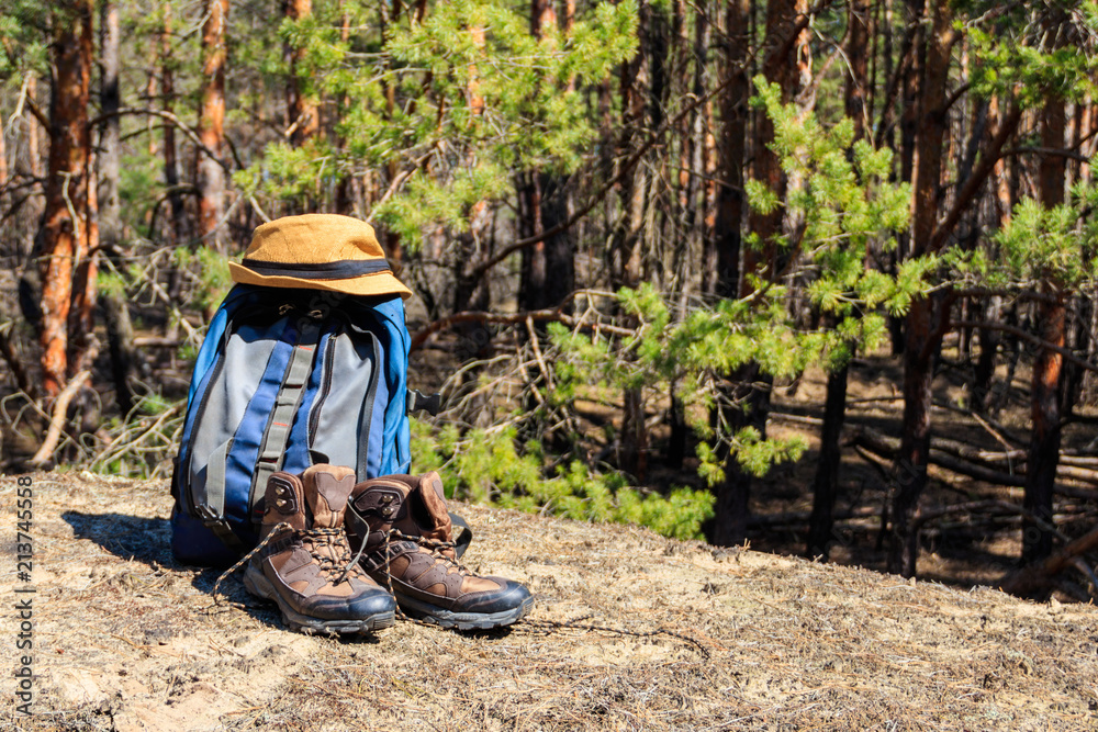 Tourist backpack, hiking boots and hat on the glade in pine forest