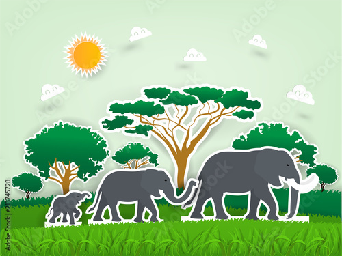 Illustration vector design concept of animal wildlife elephants family pop up paper book  africa savanna elephant family scene in paper craft design