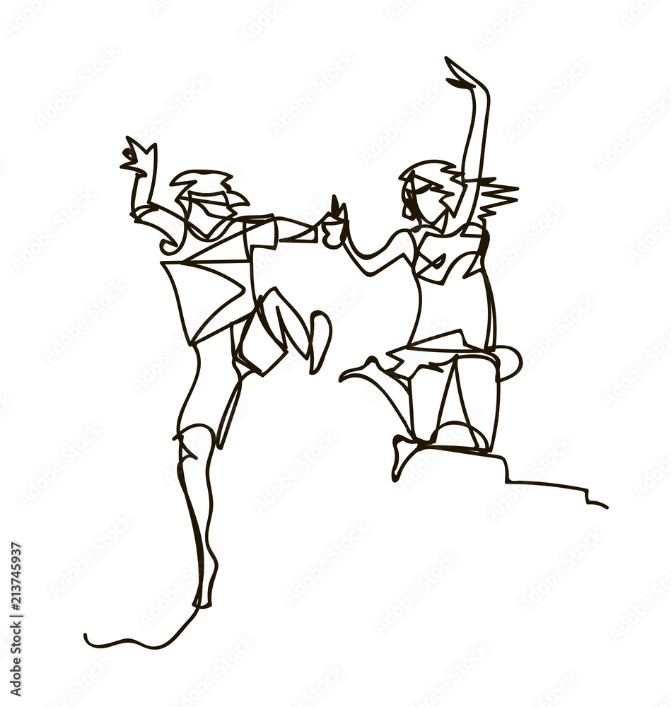 Fototapeta premium Happy running couple. Continuous line drawing