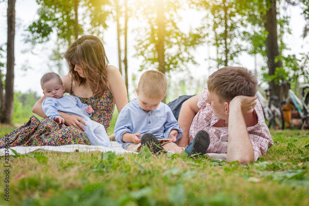 Young family with two young children on a summer picnic in the park on a beautiful sunny day Young family with two young children on a summer picnic in the park on a beautiful sunny day