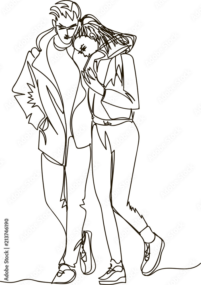 Walking couple. Continuous line drawing