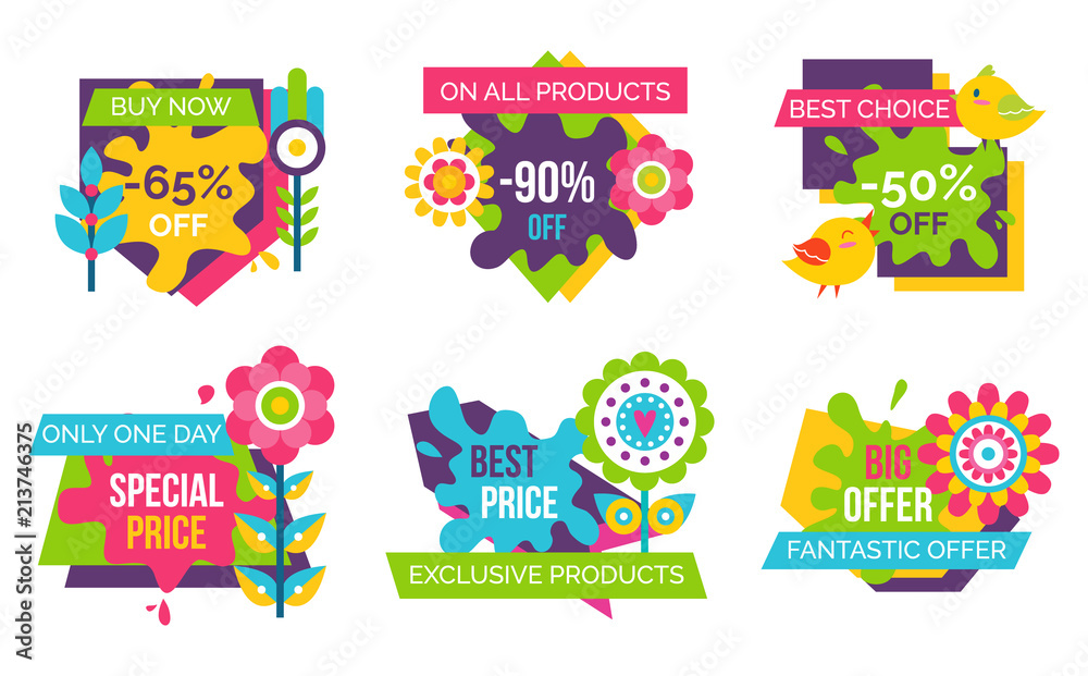 Set of Colorful Labels Springtime Flowers, Adverts