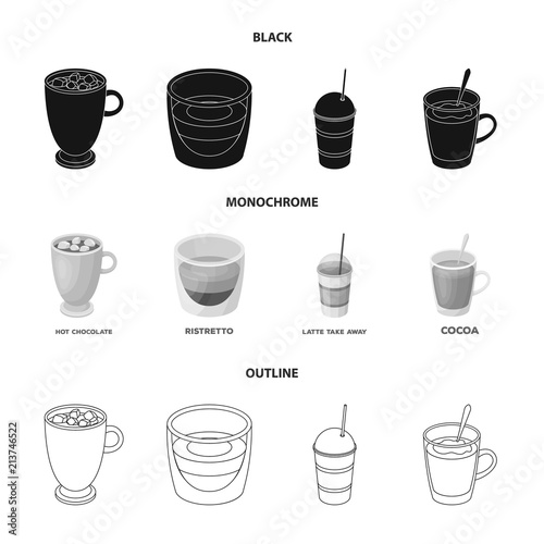 Ristretto, hot chocolate, latte take-away.Different types of coffee set collection icons in black,monochrome,outline style vector symbol stock illustration web.