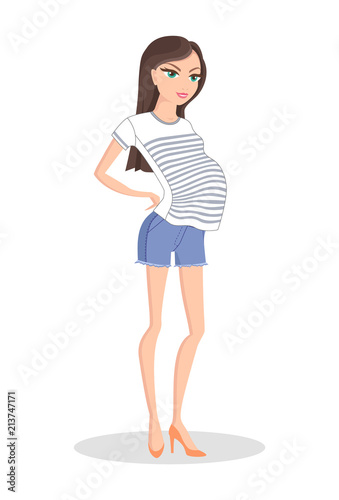 Cheerful Mom in Short Shorts and Striped T-shirt