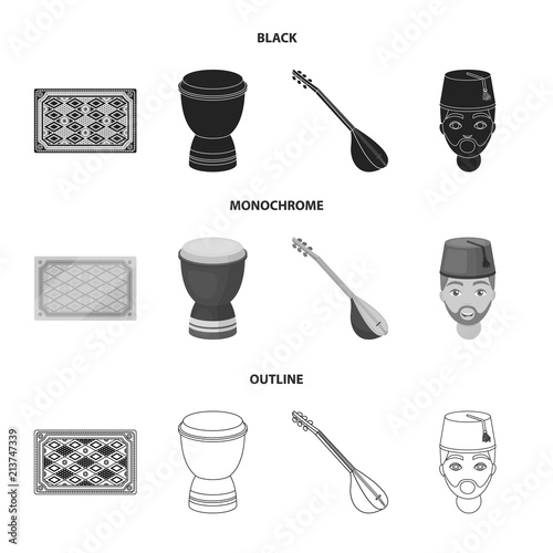 Turkish carpet, saz, drum, turkish men.Turkey set collection icons in black,monochrome,outline style vector symbol stock illustration web.