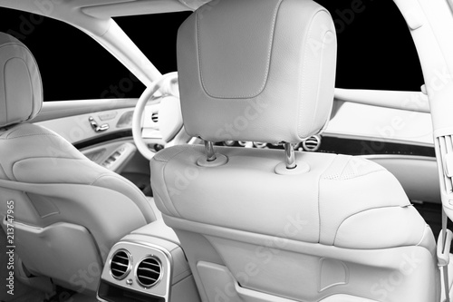 Wallpaper Mural White leather interior of the luxury modern car. Leather comfortable white seats and multimedia. Steering wheel and dashboard. Automatic gear stick. Car interior. Car detailing. Black and white Torontodigital.ca