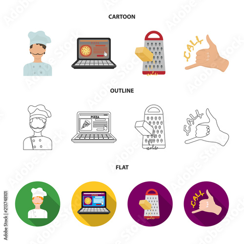 Cook, order by phone, grated cheese, ordering a face gesture.Pizza and pizzeria set collection icons in cartoon,outline,flat style vector symbol stock illustration web.