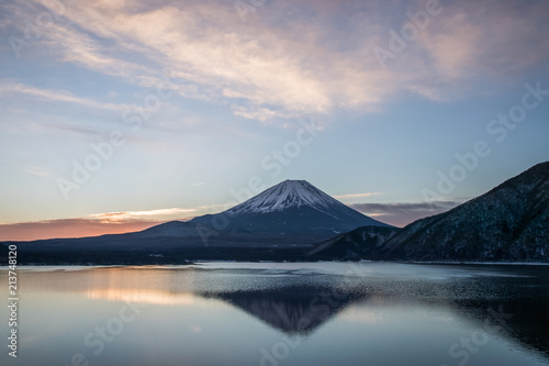 Lake Motosu and Mount Fuji at early morning in winter season. Lake Motosu is the westernmost of the Fuji Five Lakes and located in southern Yamanashi Prefecture near Mount Fuji  Japan