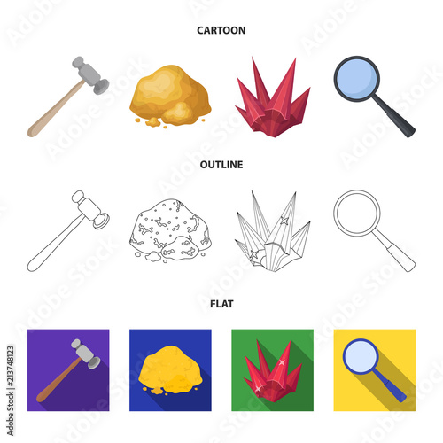 A jeweler hammer, a magnifier, a copper ore, a crystal. Precious minerals and a jeweler set collection icons in cartoon,outline,flat style vector symbol stock illustration web.